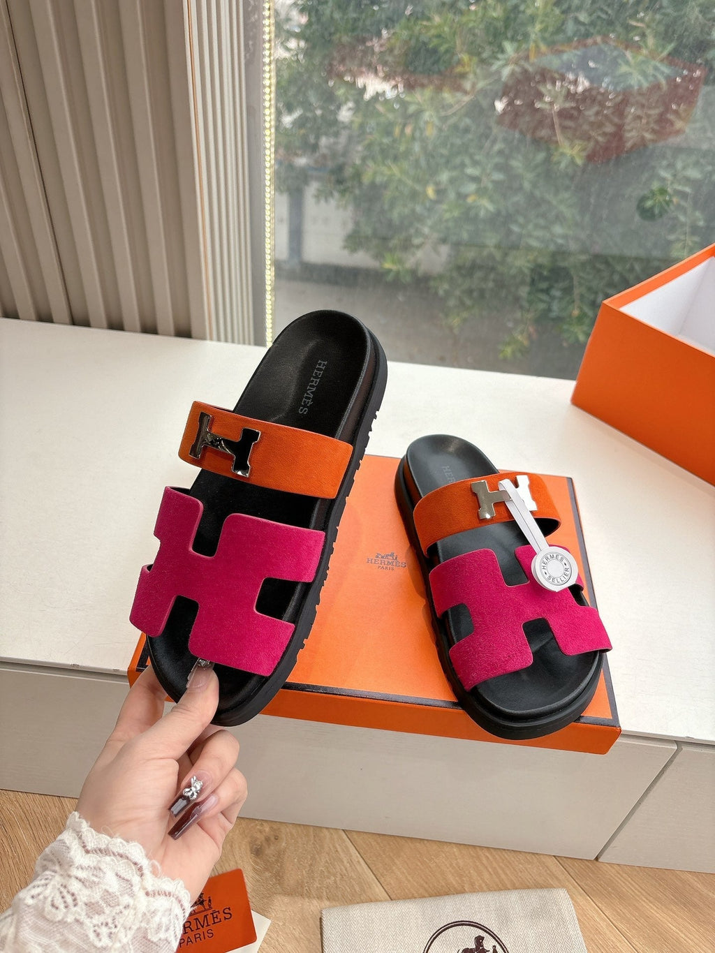 Hermes Chypre Sandal in Dark Pink Mix Orange Suede