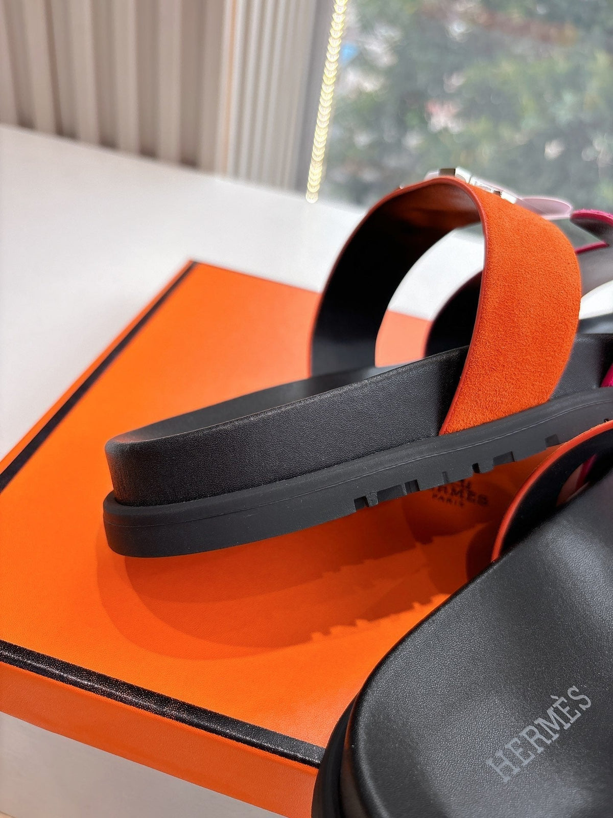 Hermes Chypre Sandal in Dark Pink Mix Orange Suede