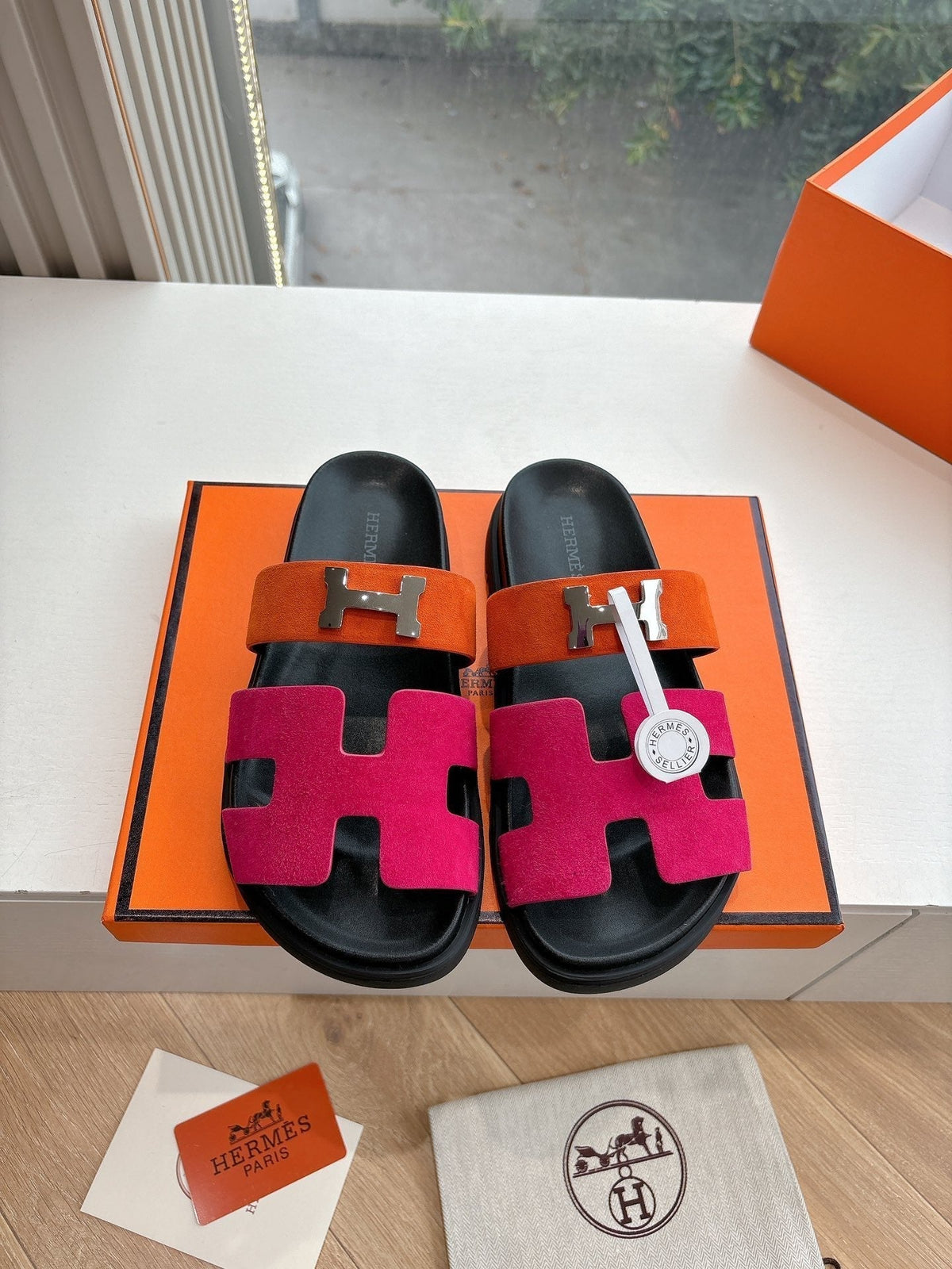 Hermes Chypre Sandal in Dark Pink Mix Orange Suede