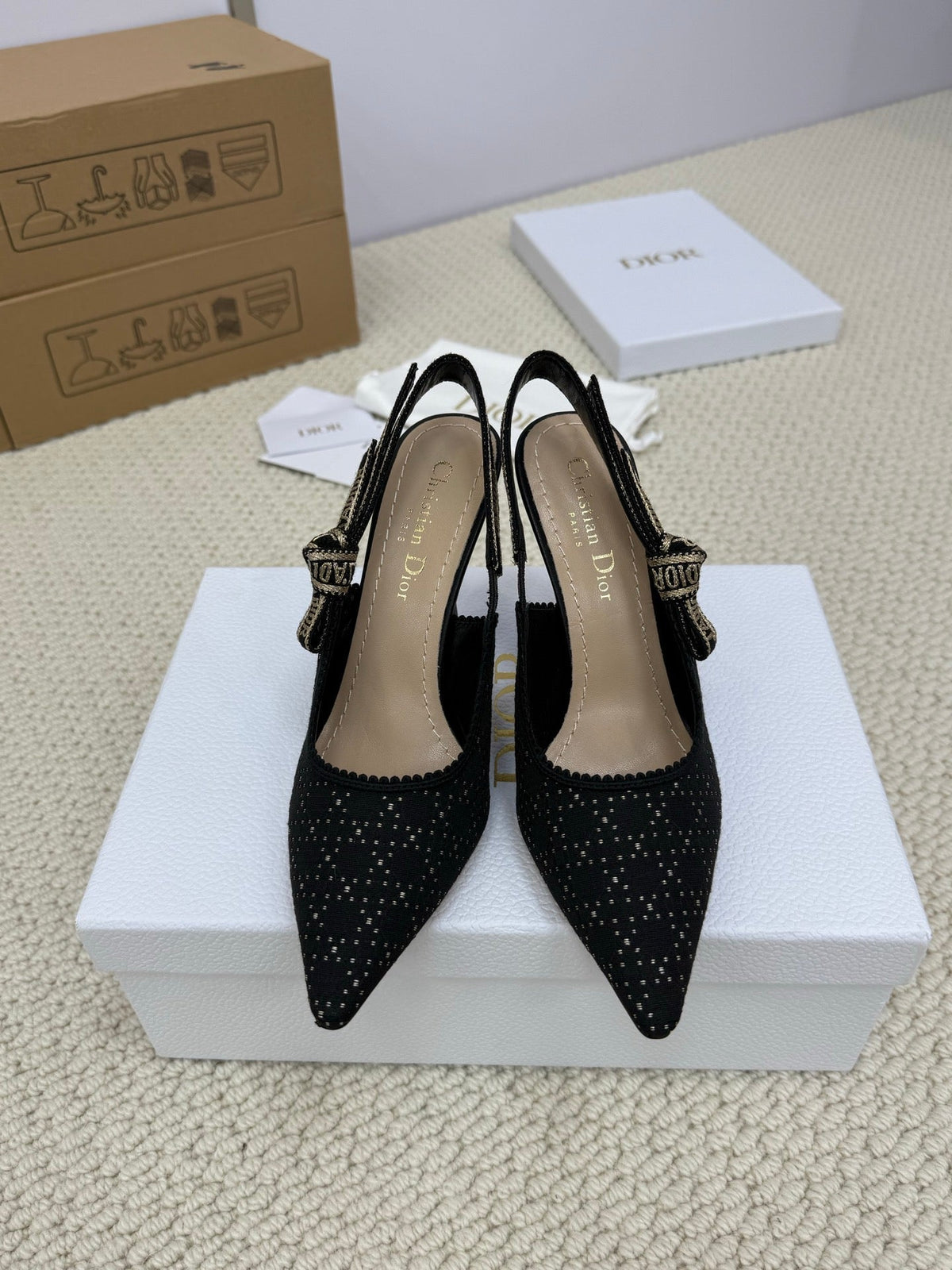 Dior High Slingback 100 mm 25S in Black Fabric and Brand Name Embroidery