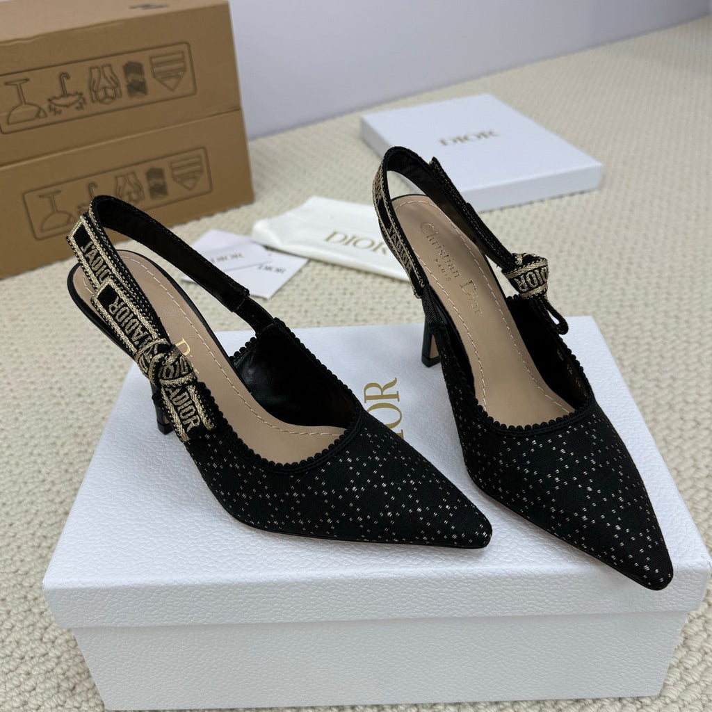 Dior High Slingback 100 mm 25S in Black Fabric and Brand Name Embroidery