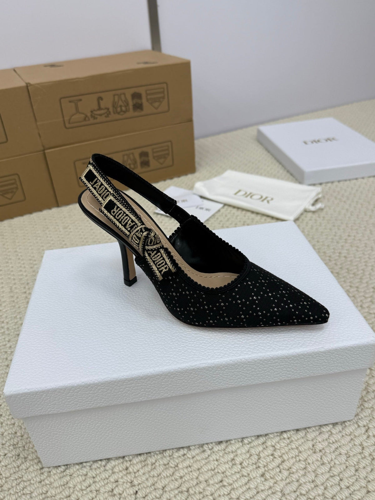 Dior High Slingback 100 mm 25S in Black Fabric and Brand Name Embroidery