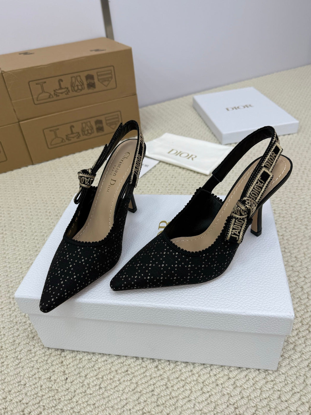 Dior High Slingback 100 mm 25S in Black Fabric and Brand Name Embroidery