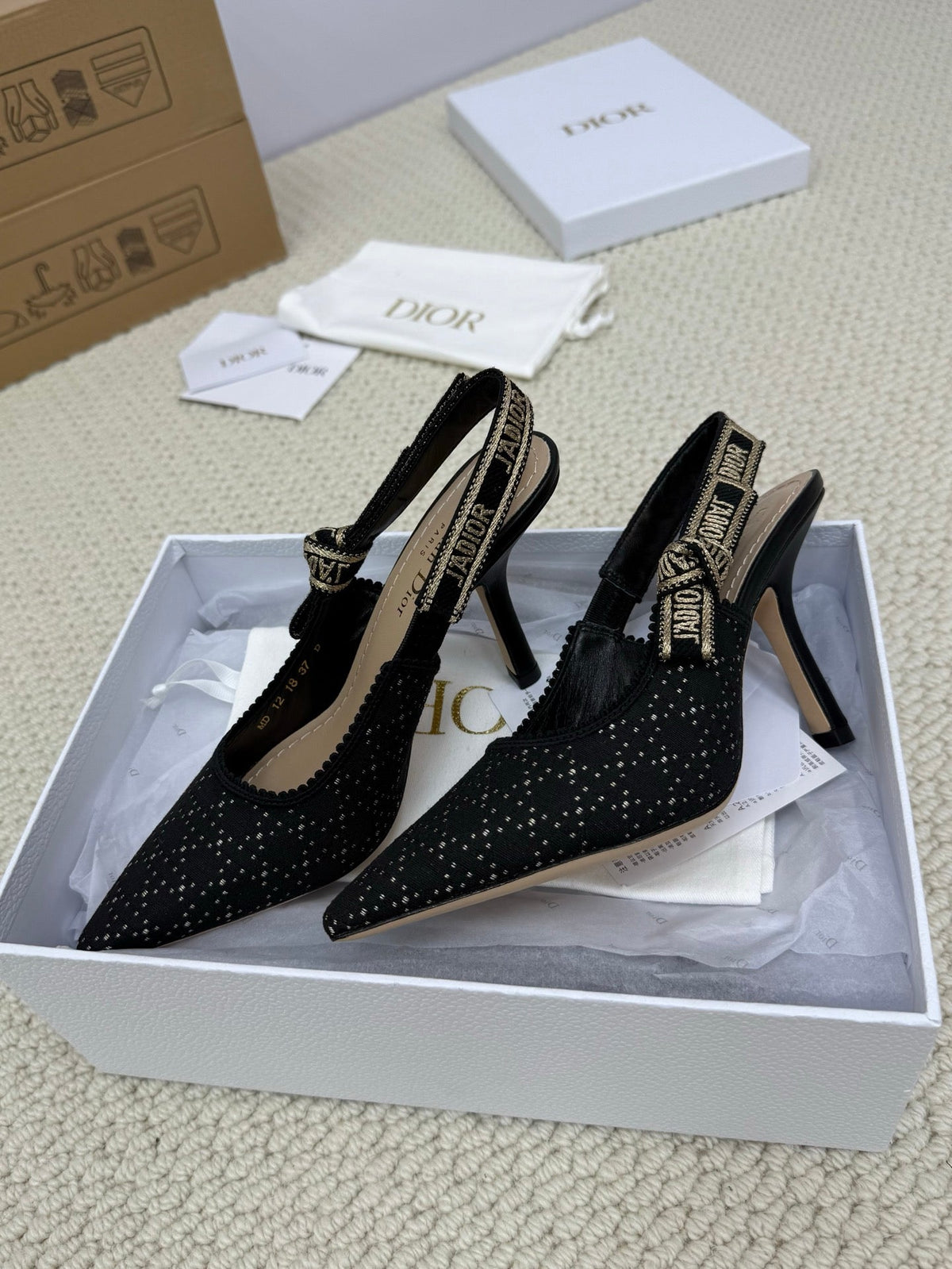 Dior High Slingback 100 mm 25S in Black Fabric and Brand Name Embroidery