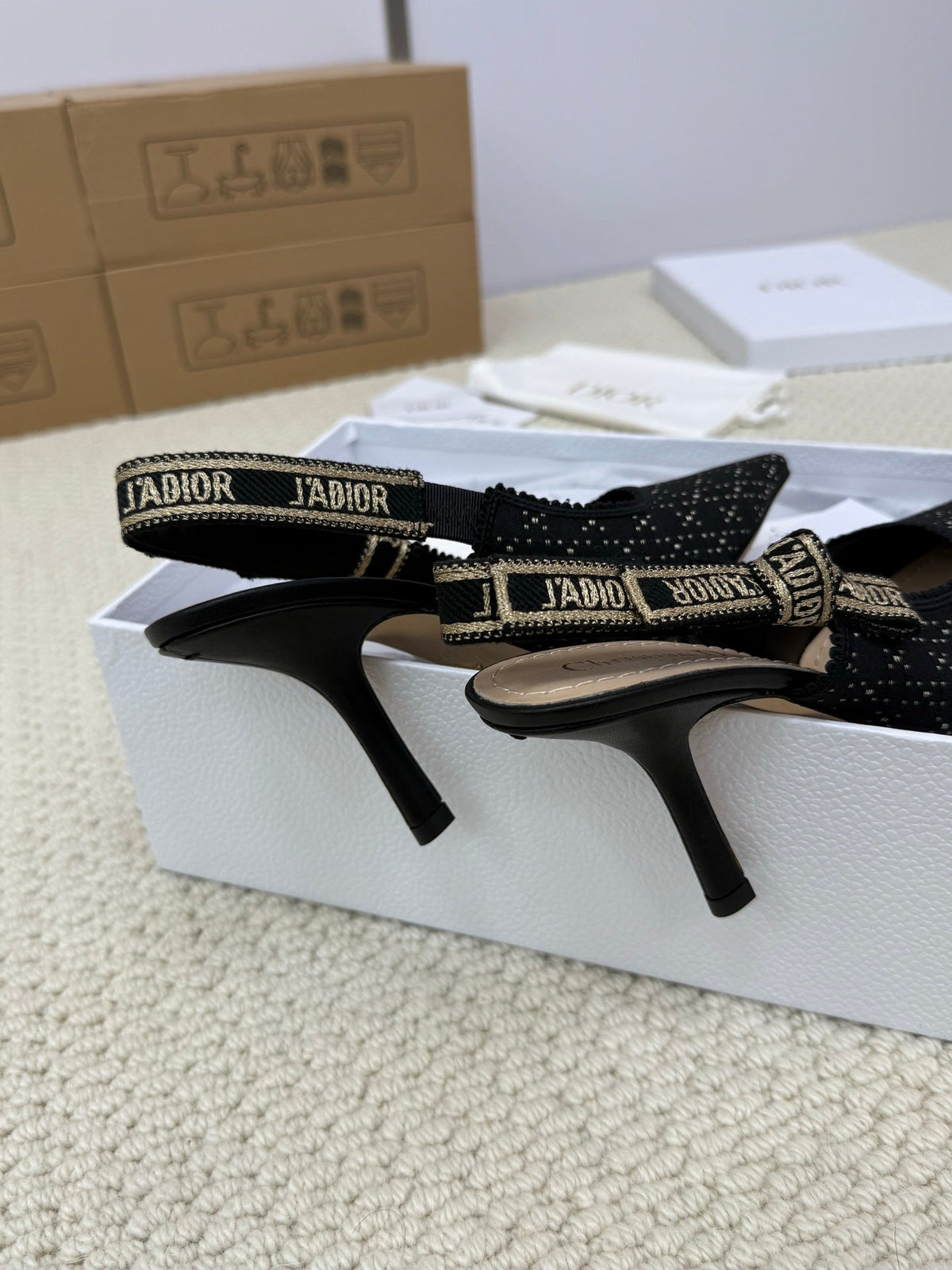 Dior High Slingback 100 mm 25S in Black Fabric and Brand Name Embroidery