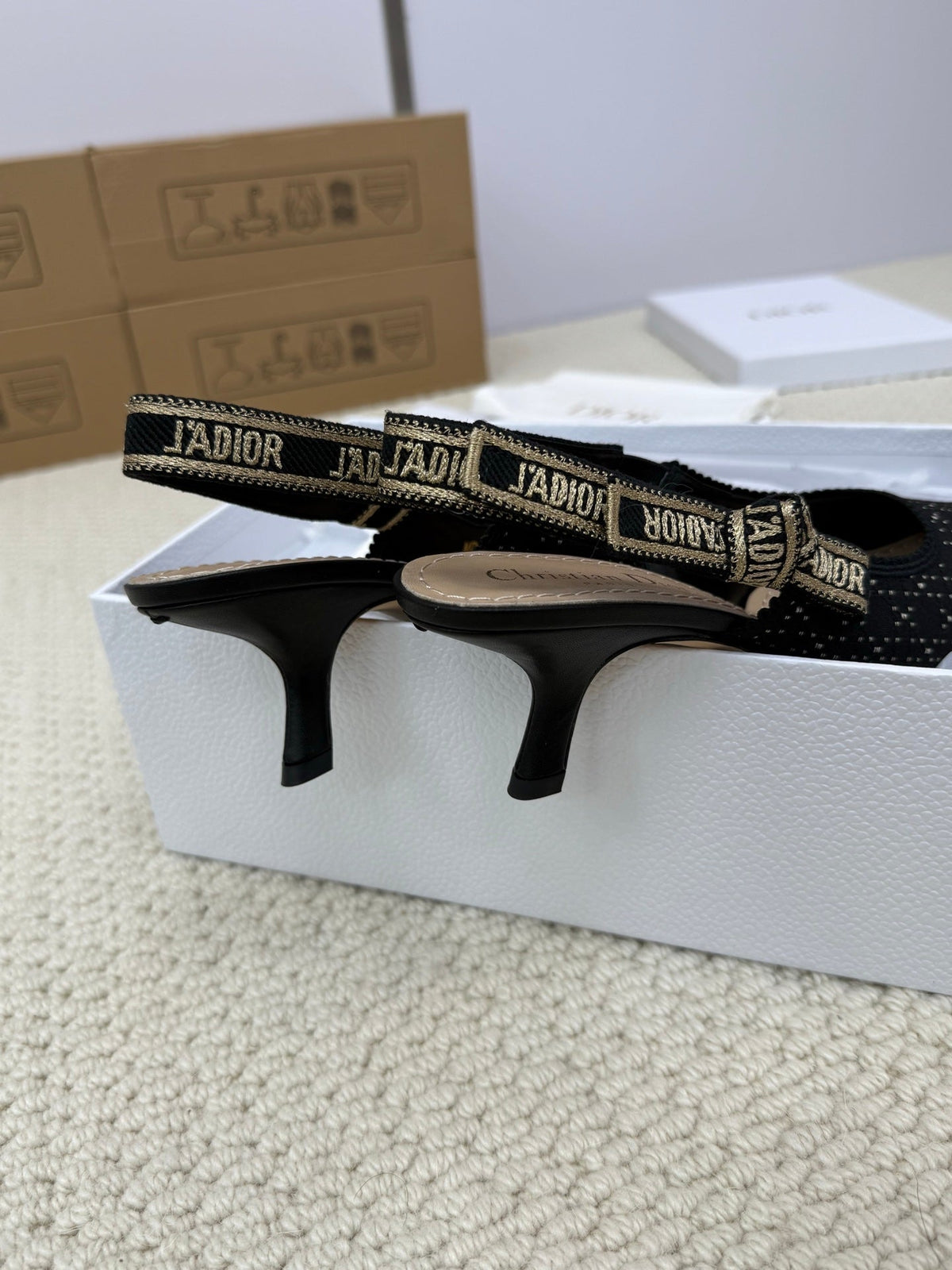 Dior High Slingback 65 mm 25S in Black Fabric and Brand Name Embroidery