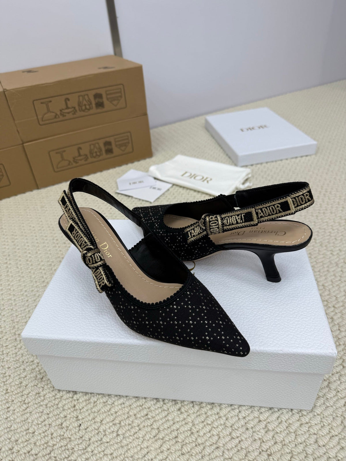 Dior High Slingback 65 mm 25S in Black Fabric and Brand Name Embroidery