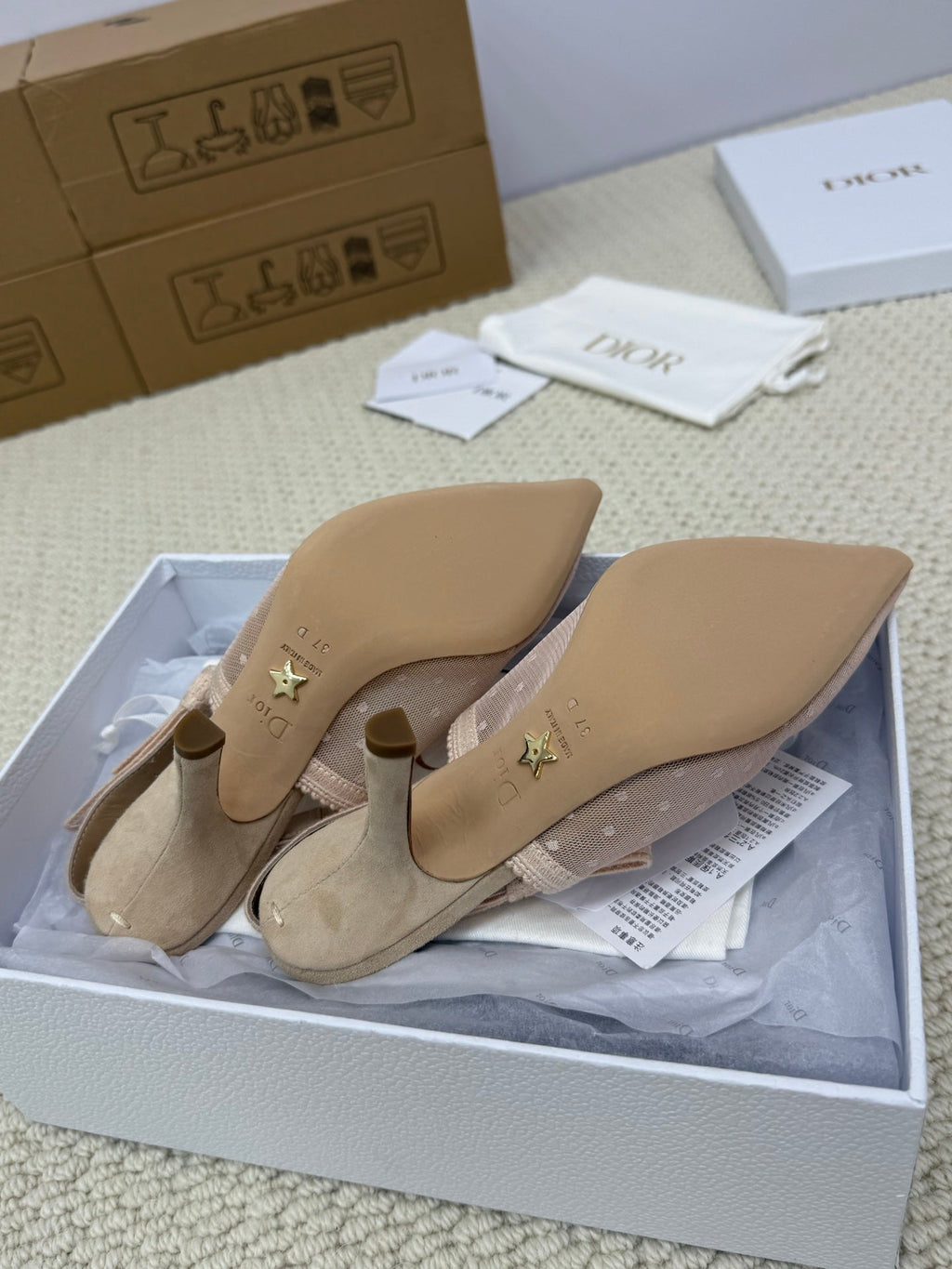 Dior High Slingback 100 mm 25S in Nude Lace Net Fabric and Suede