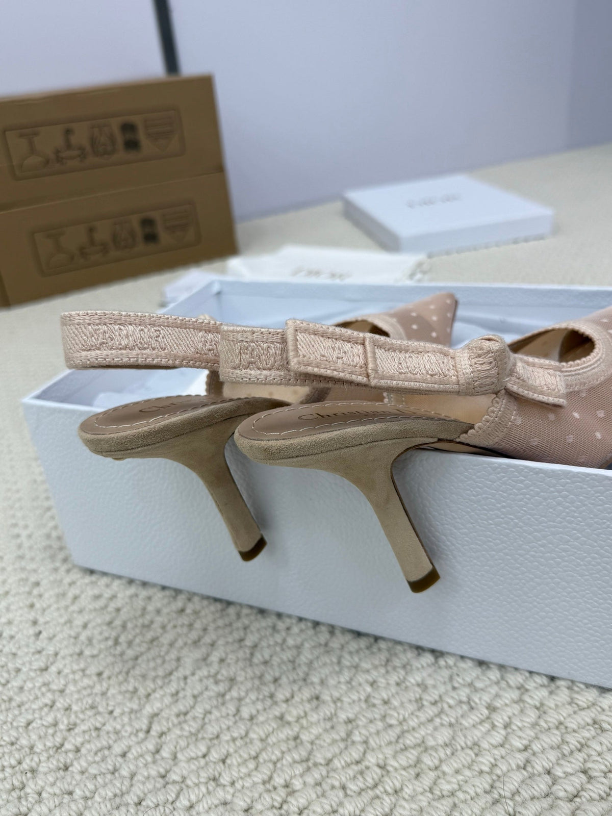 Dior High Slingback 100 mm 25S in Nude Lace Net Fabric and Suede