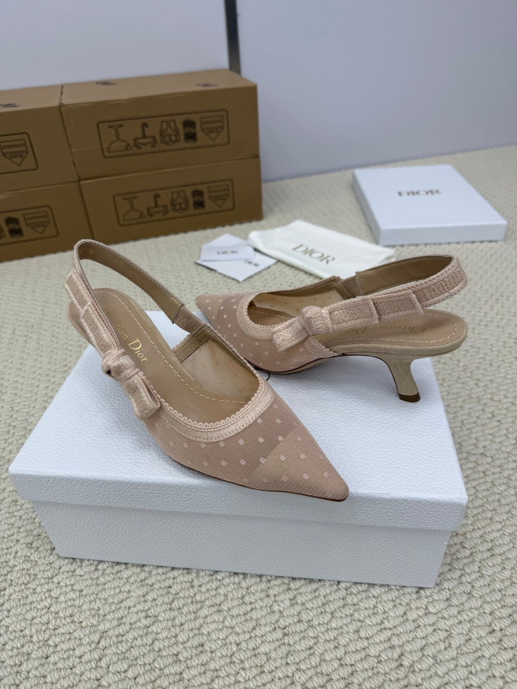 Dior High Slingback 65 mm 25S in Nude Lace Net Fabric and Suede