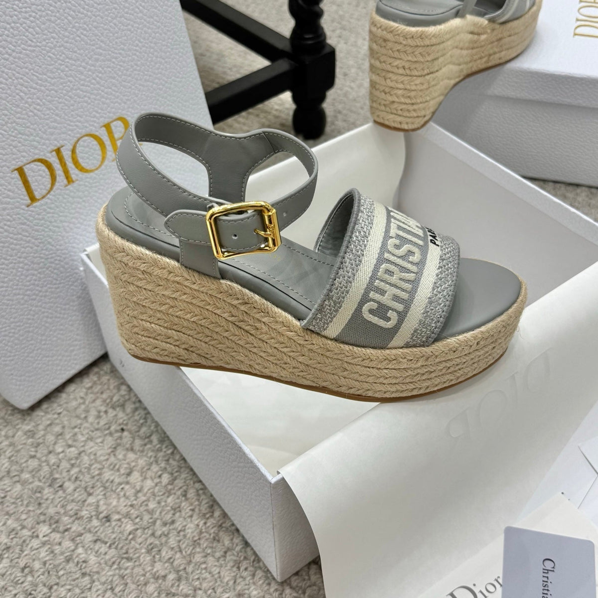 Dior Dway Wedge Sandal 25S 95mm in Gray Embroidered Cotton Raffia Sole