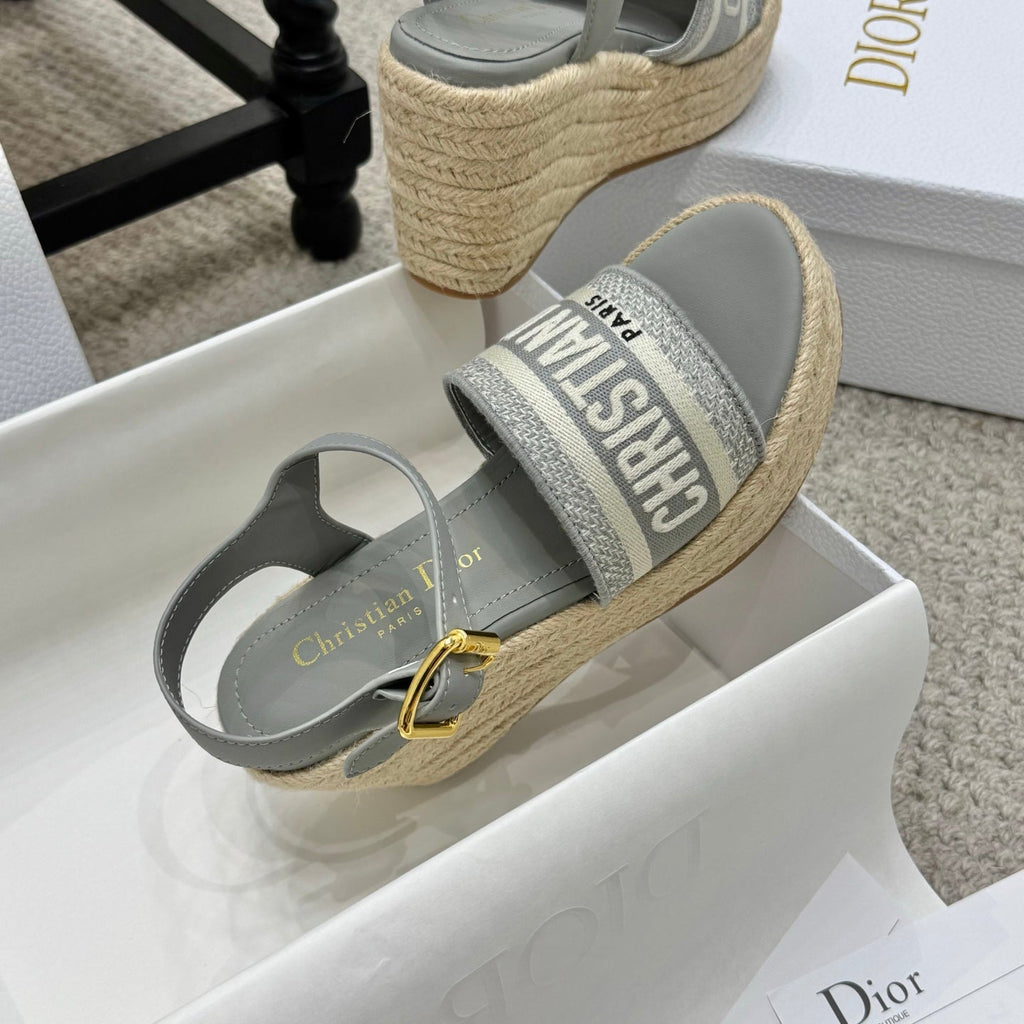 Dior Dway Wedge Sandal 25S 95mm in Gray Embroidered Cotton Raffia Sole
