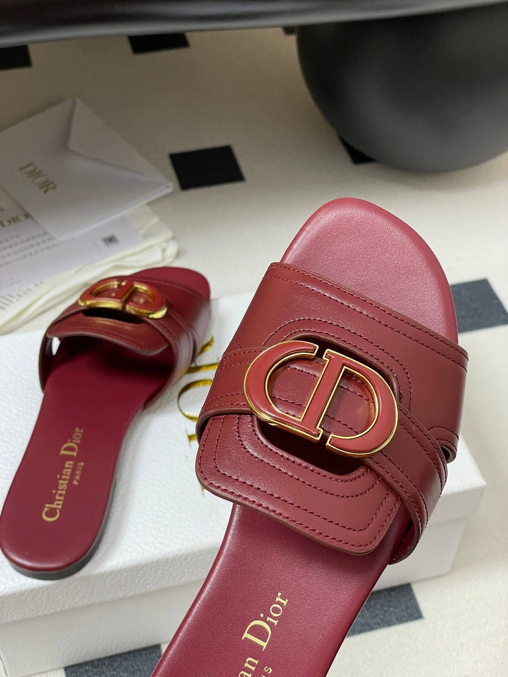 Dior Classic Montaigne Sandals 25S in Dark Red Lambskin with CD Logo