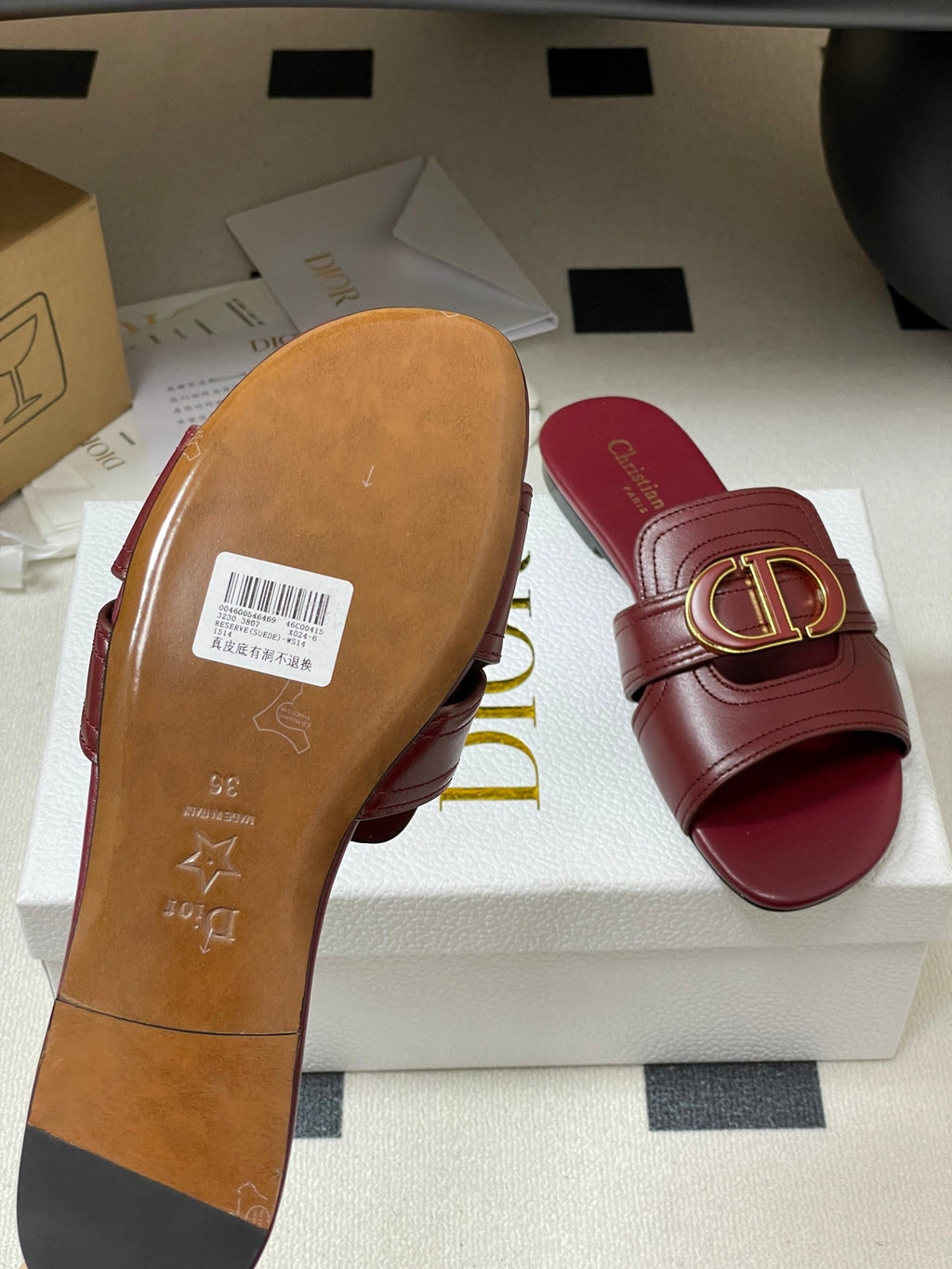 Dior Classic Montaigne Sandals 25S in Dark Red Lambskin with CD Logo