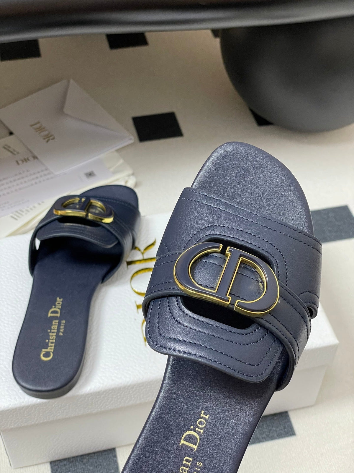 Dior Classic Montaigne Sandals 25S in Midnight Blue Lambskin with CD Logo