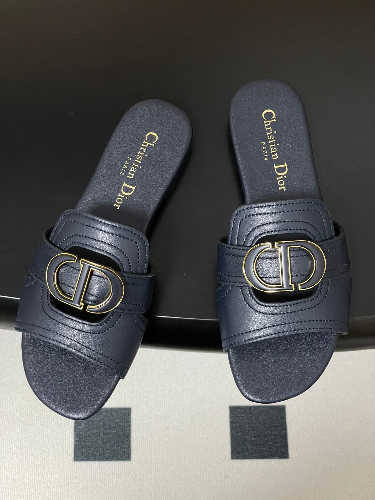 Dior Classic Montaigne Sandals 25S in Midnight Blue Lambskin with CD Logo