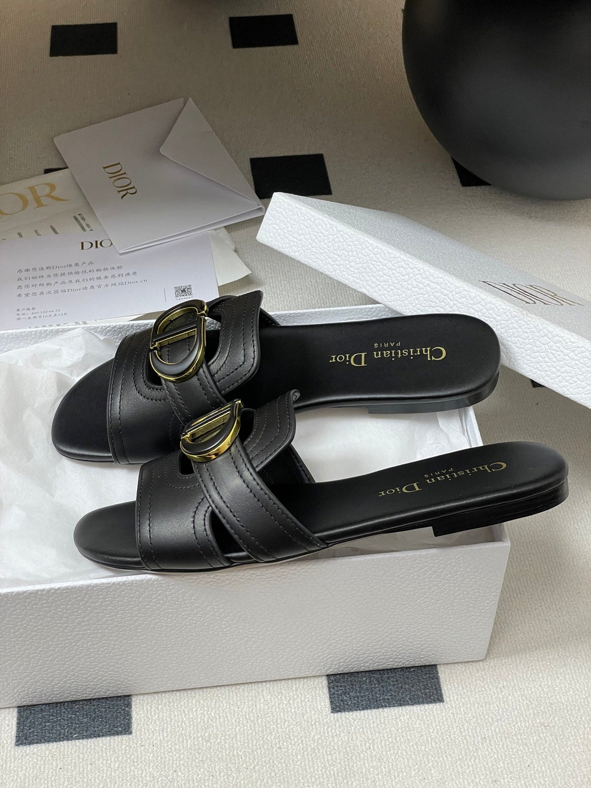 Dior Classic Montaigne Sandals 25S in Black Lambskin with CD Logo