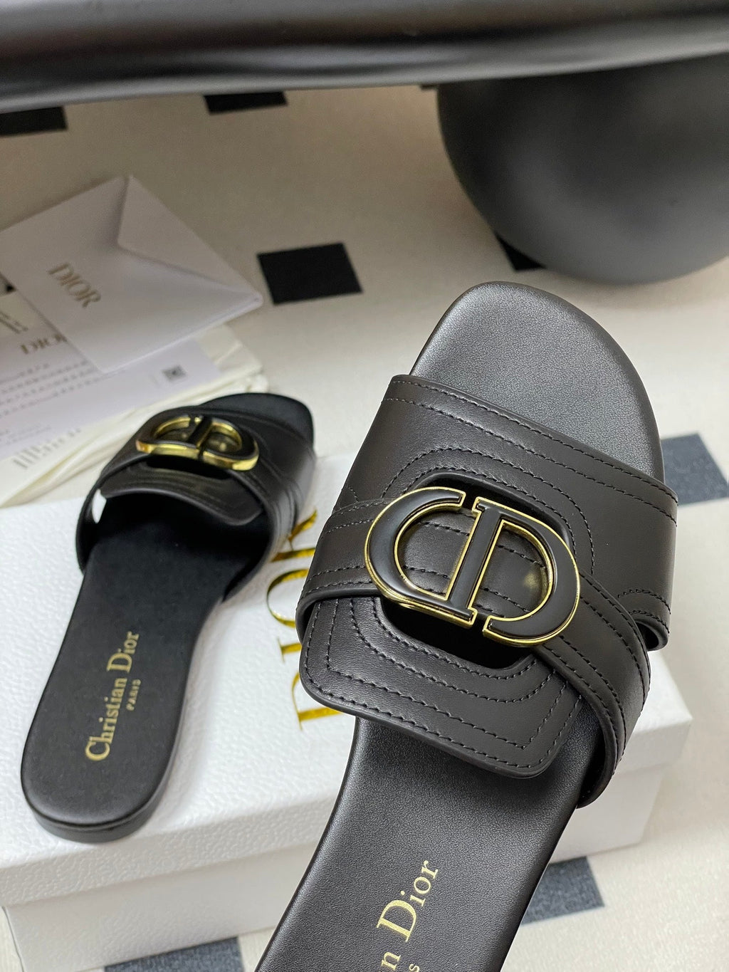 Dior Classic Montaigne Sandals 25S in Black Lambskin with CD Logo