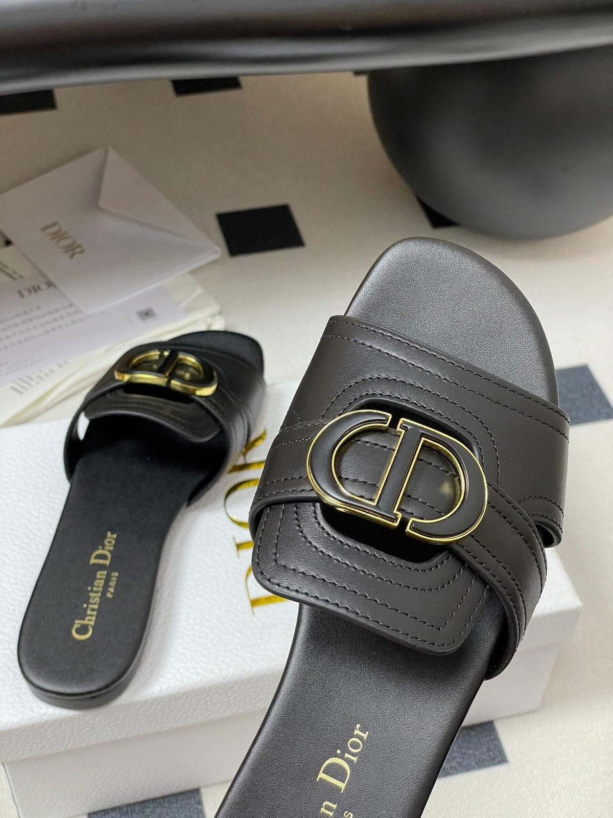 Dior Classic Montaigne Sandals 25S in Black Lambskin with CD Logo