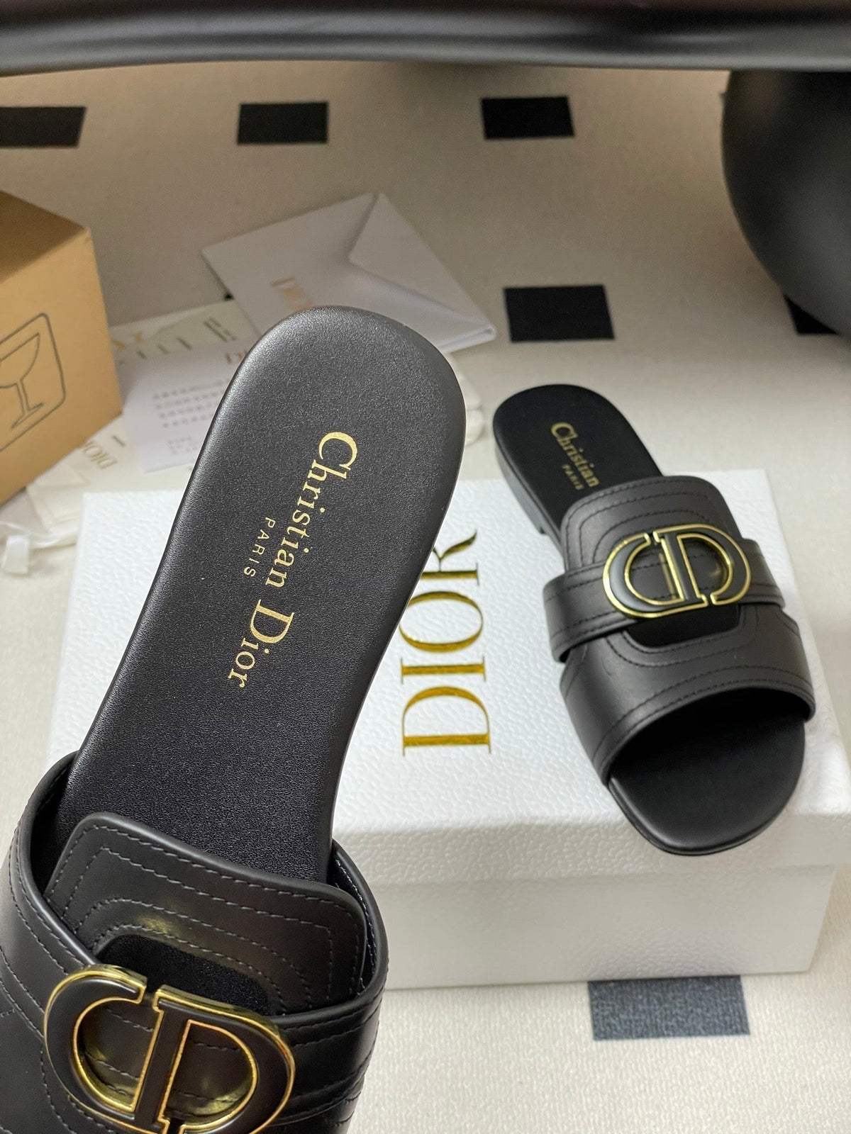 Dior Classic Montaigne Sandals 25S in Black Lambskin with CD Logo