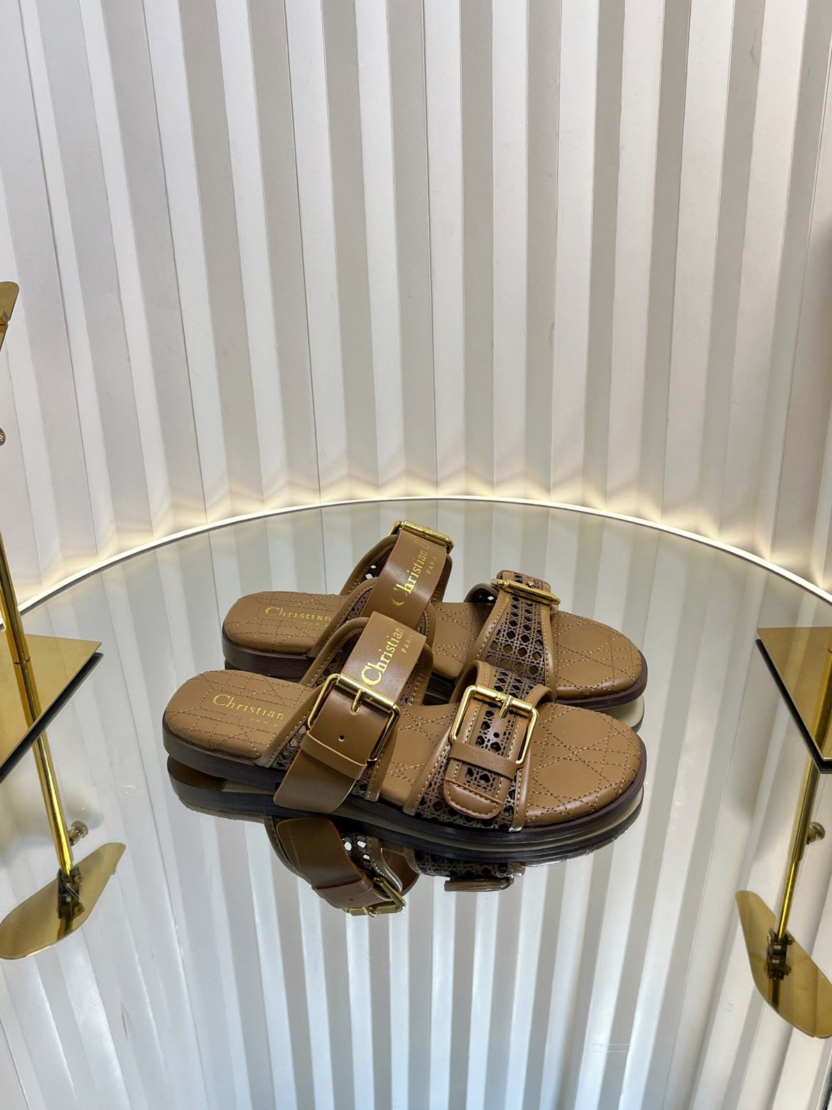 Dior D-Avenue Slides 25S in Brown Calfskin Micro Cannage Motif