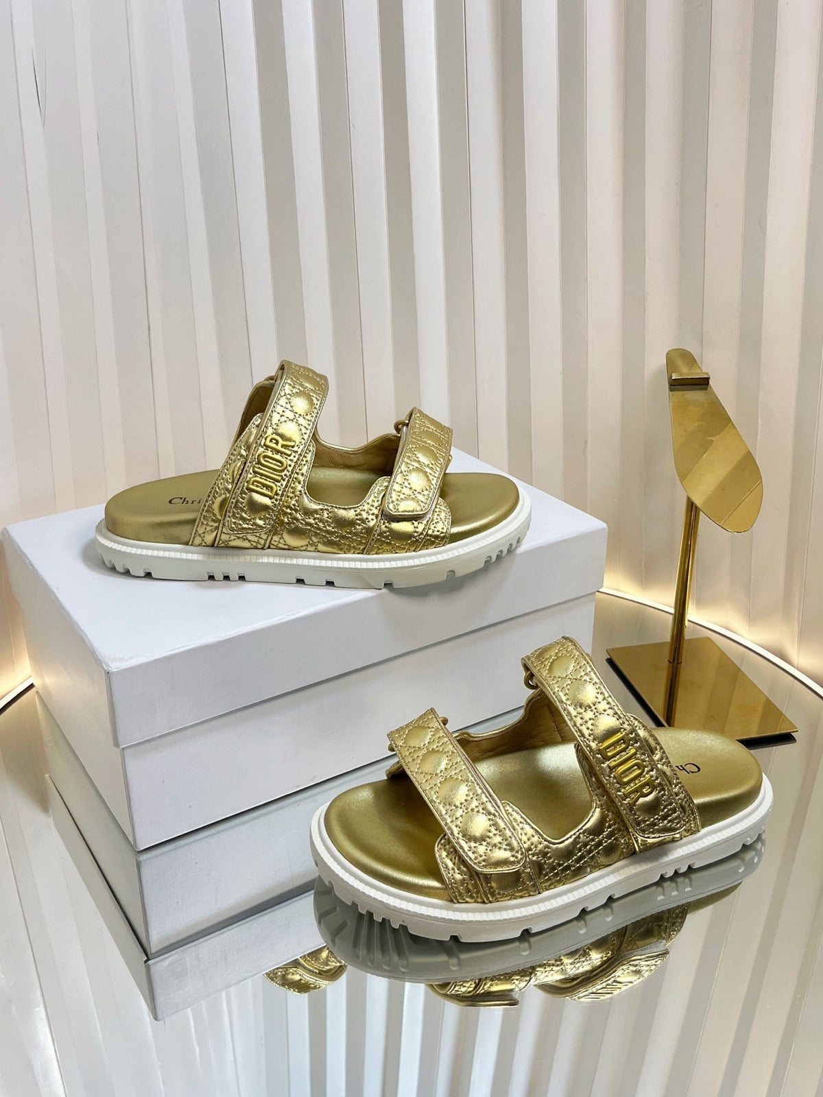 Dior Act Slides 25mm in Gold Patent Calfskin
