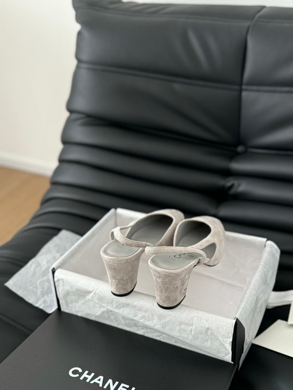 Chanel Classic High Slingback Grey Cloud Suede