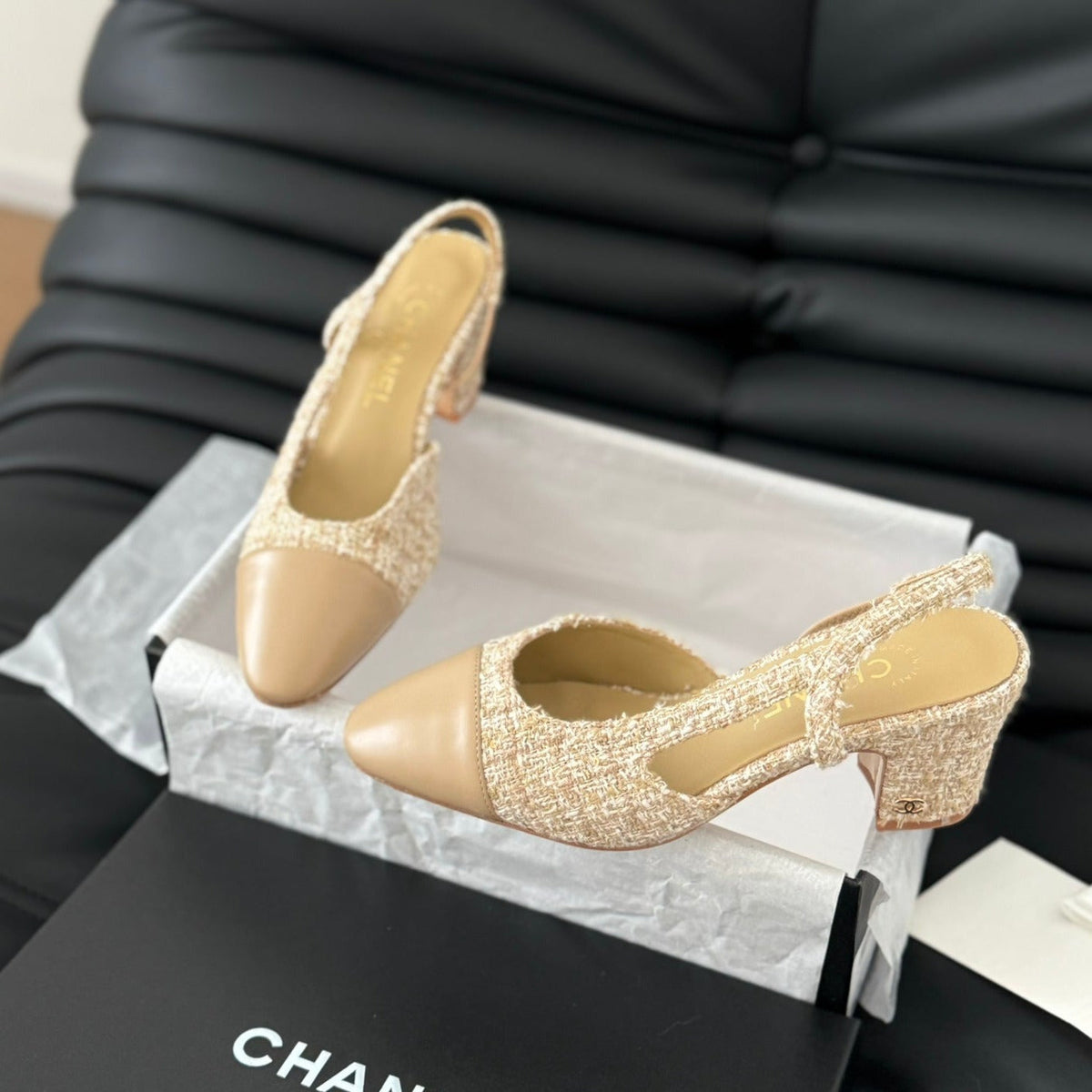 Chanel Classic High Slingback Corn Yellow Tweeds and Calfskin
