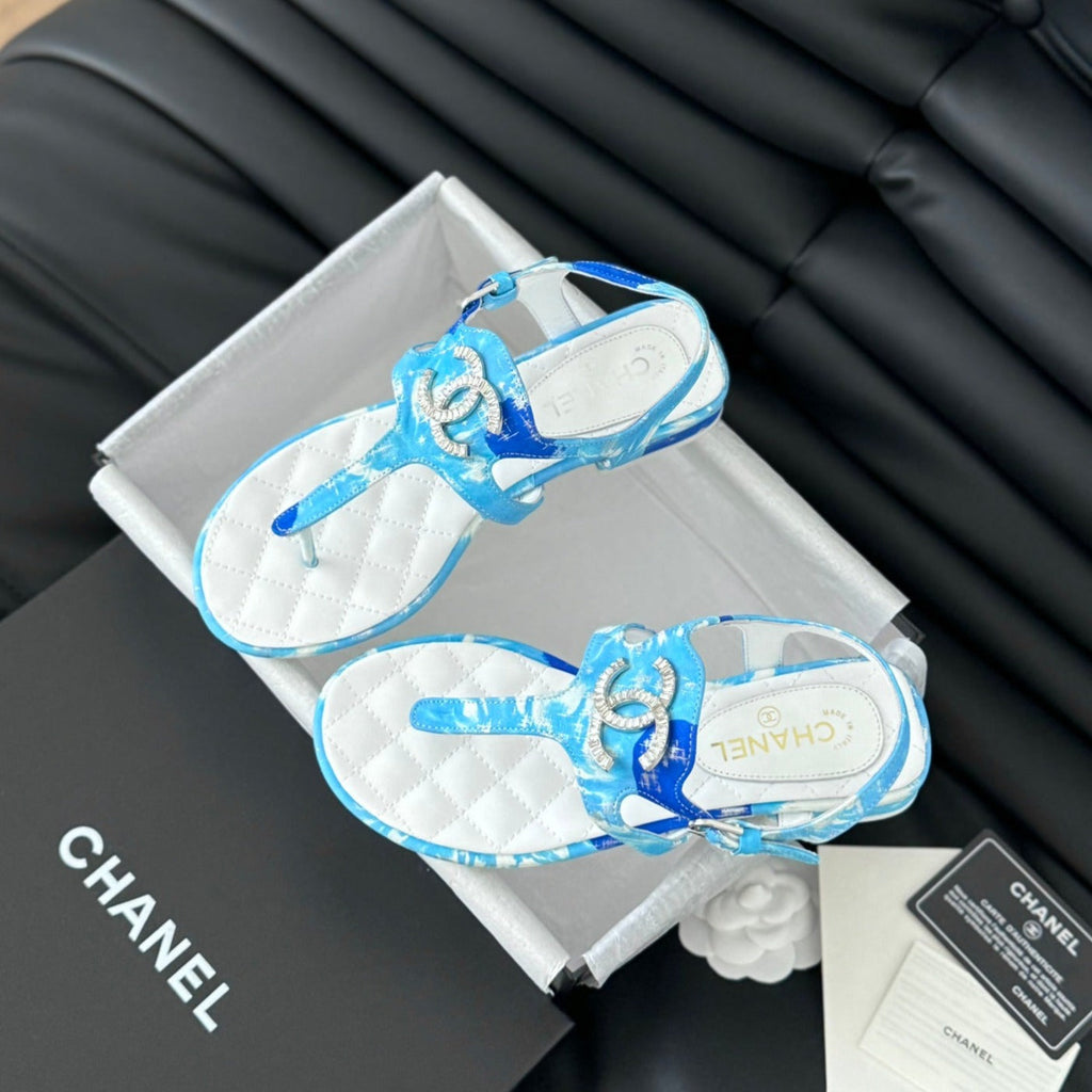 Chanel Double C Classic One-Strap Sandals White Sky Blue Lambskin