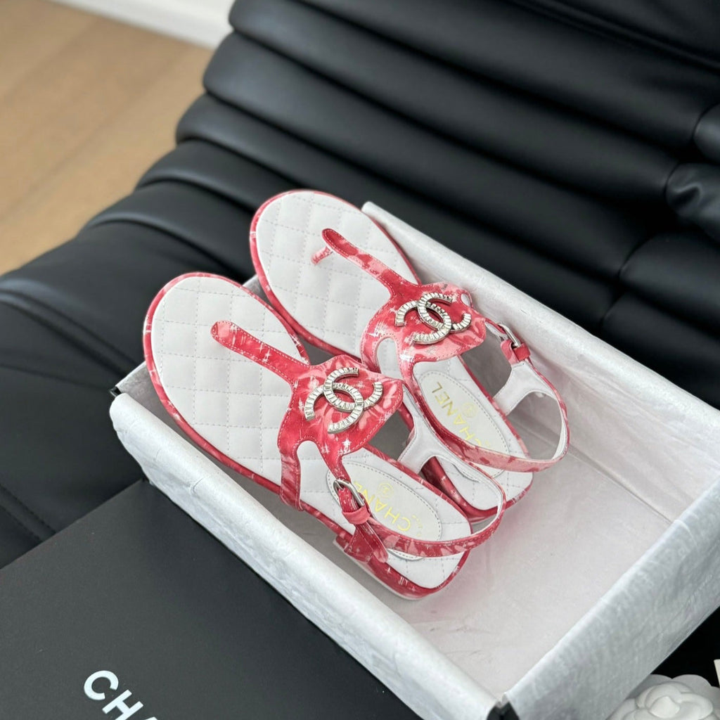 Chanel Double C Classic One-Strap Sandals White Pink Lambskin