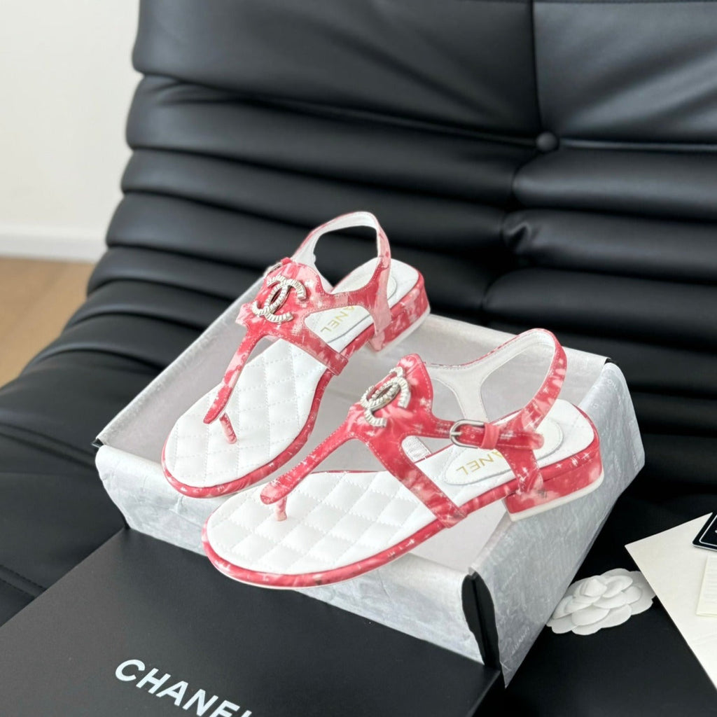 Chanel Double C Classic One-Strap Sandals White Pink Lambskin