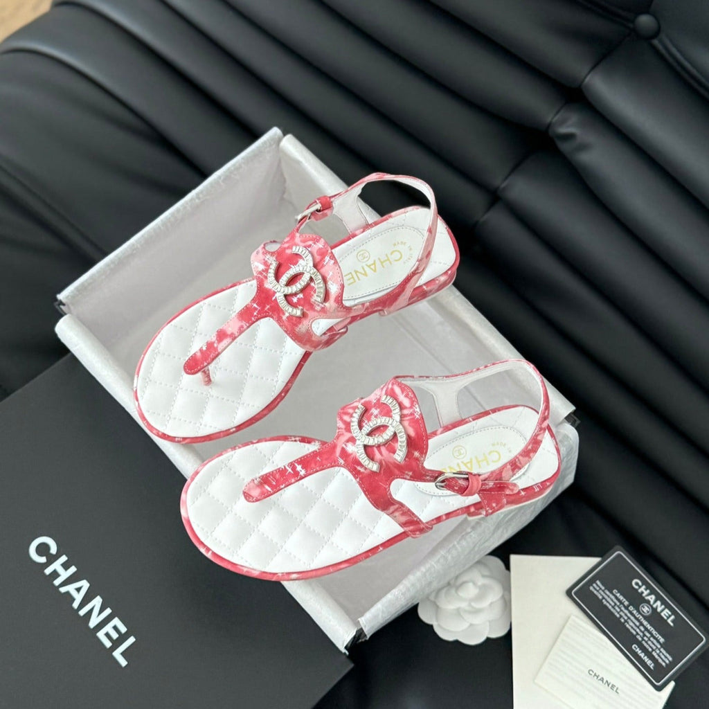 Chanel Double C Classic One-Strap Sandals White Pink Lambskin