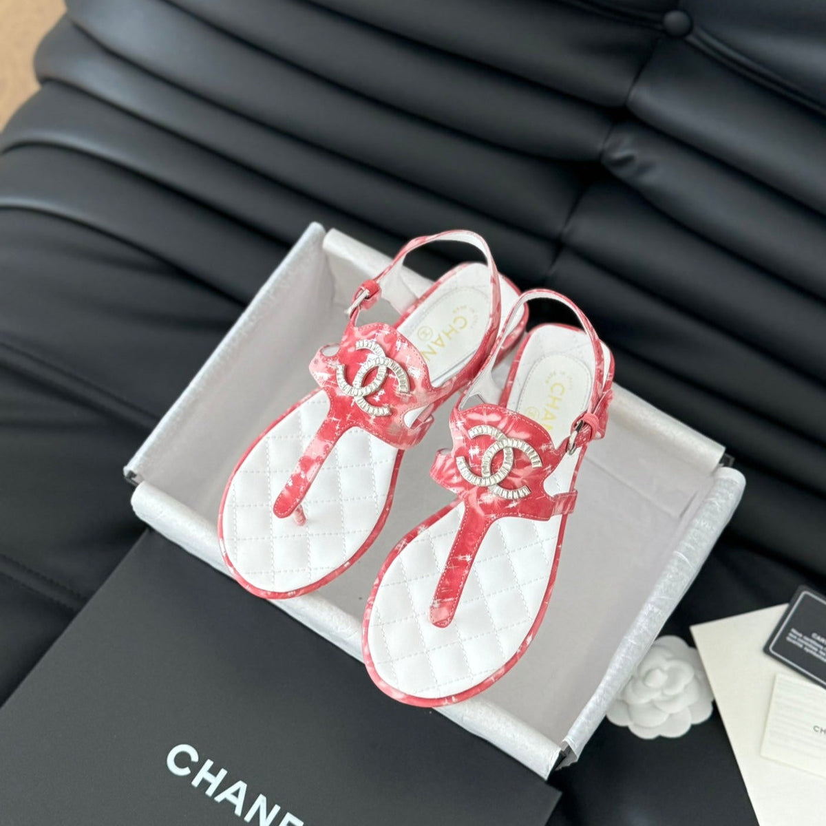 Chanel Double C Classic One-Strap Sandals White Pink Lambskin