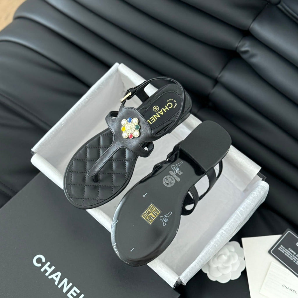 Chanel Double C Classic One-Strap Sandals Black Lambskin
