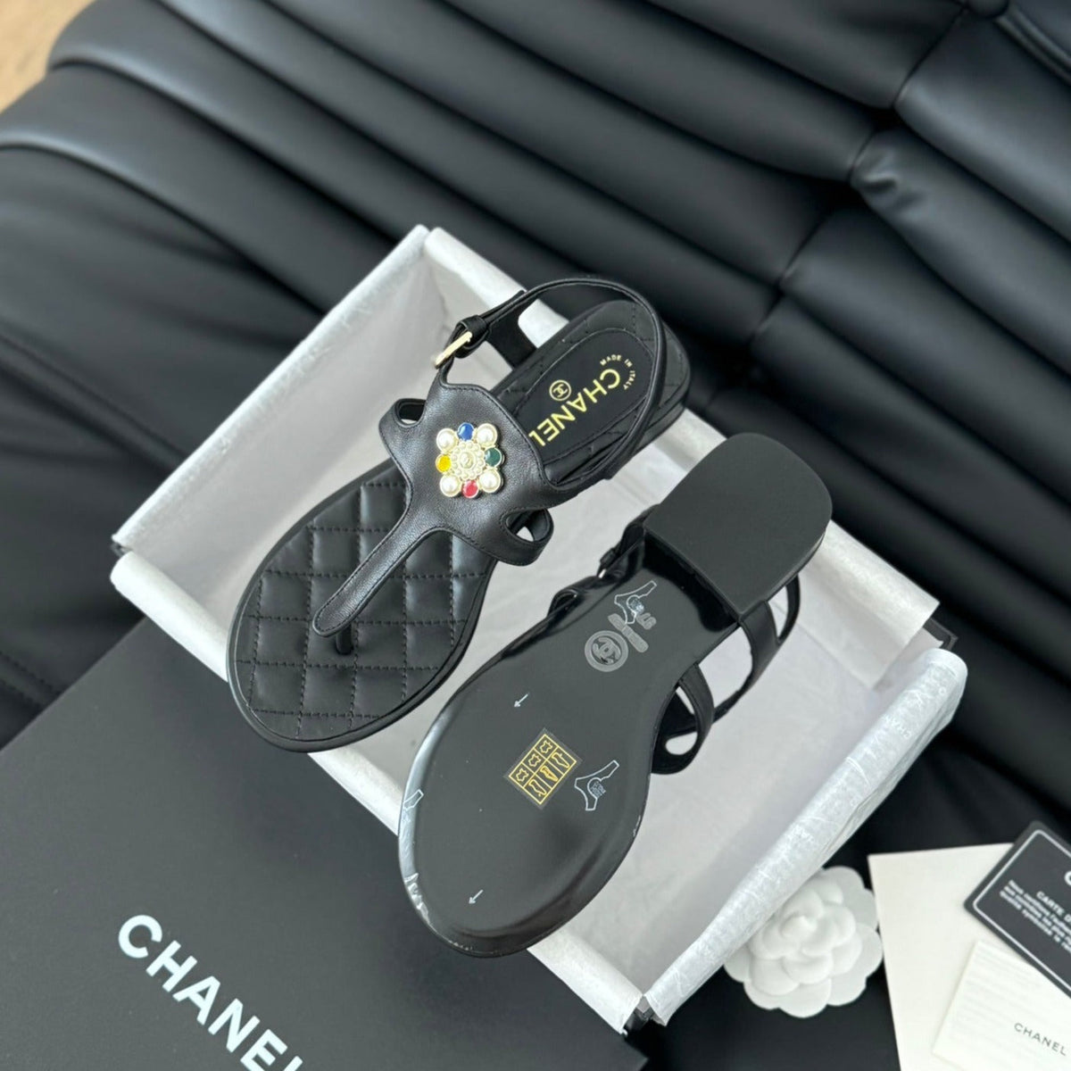 Chanel Double C Classic One-Strap Sandals Black Lambskin