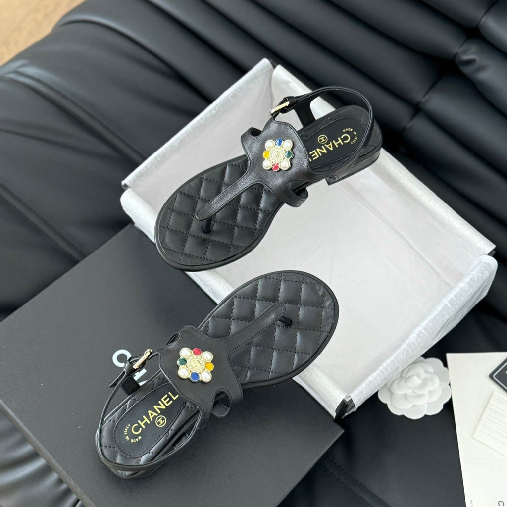 Chanel Double C Classic One-Strap Sandals Black Lambskin
