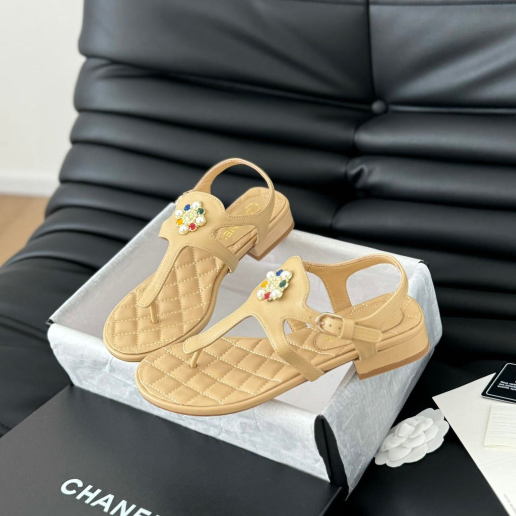Chanel Double C Classic One-Strap Sandals Tan Brown Lambskin
