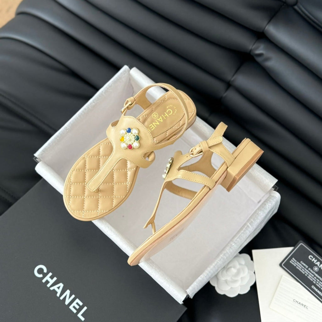 Chanel Double C Classic One-Strap Sandals Tan Brown Lambskin