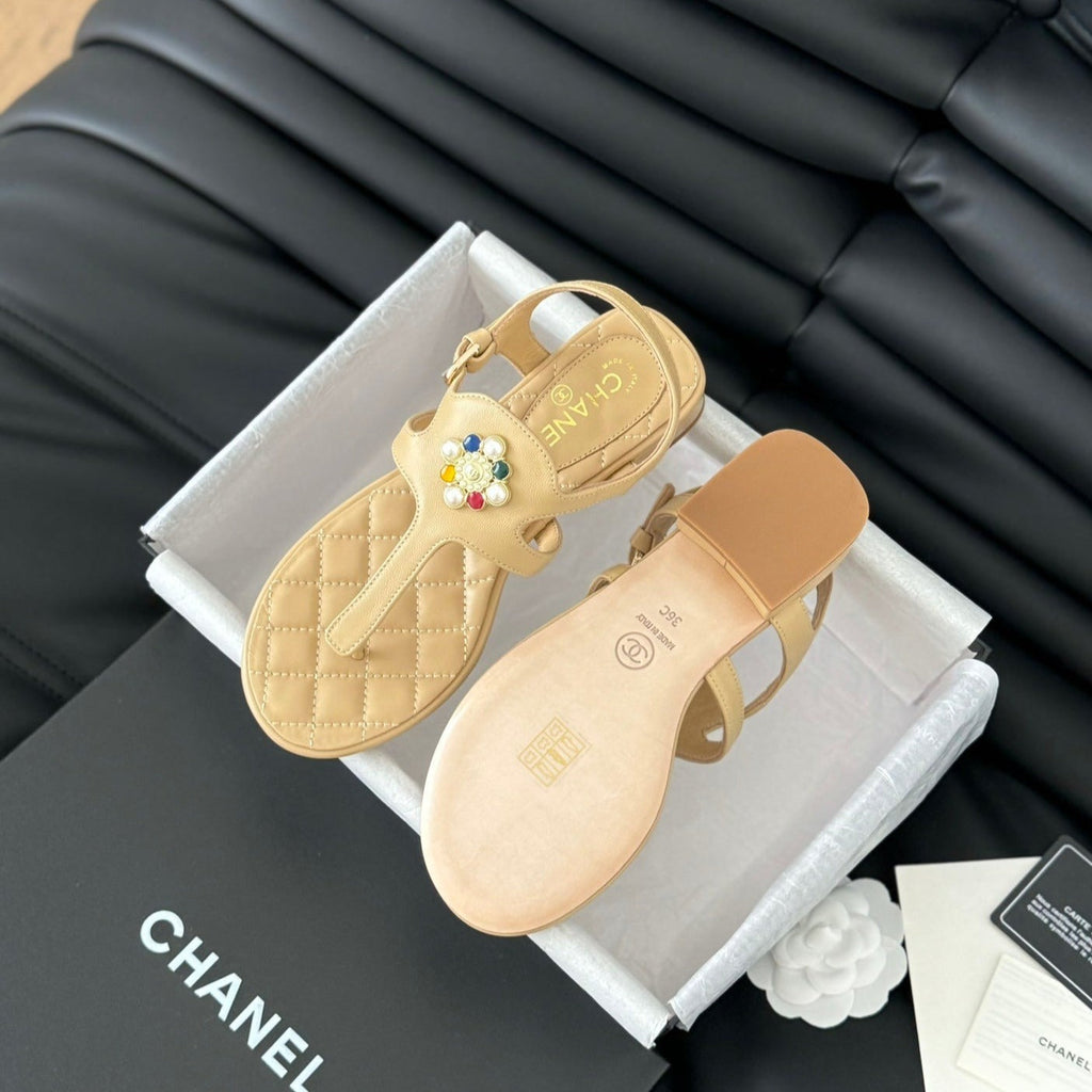 Chanel Double C Classic One-Strap Sandals Tan Brown Lambskin