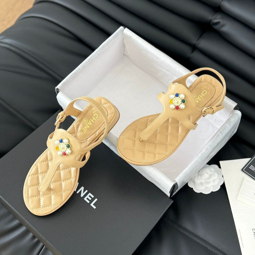 Chanel Double C Classic One-Strap Sandals Tan Brown Lambskin
