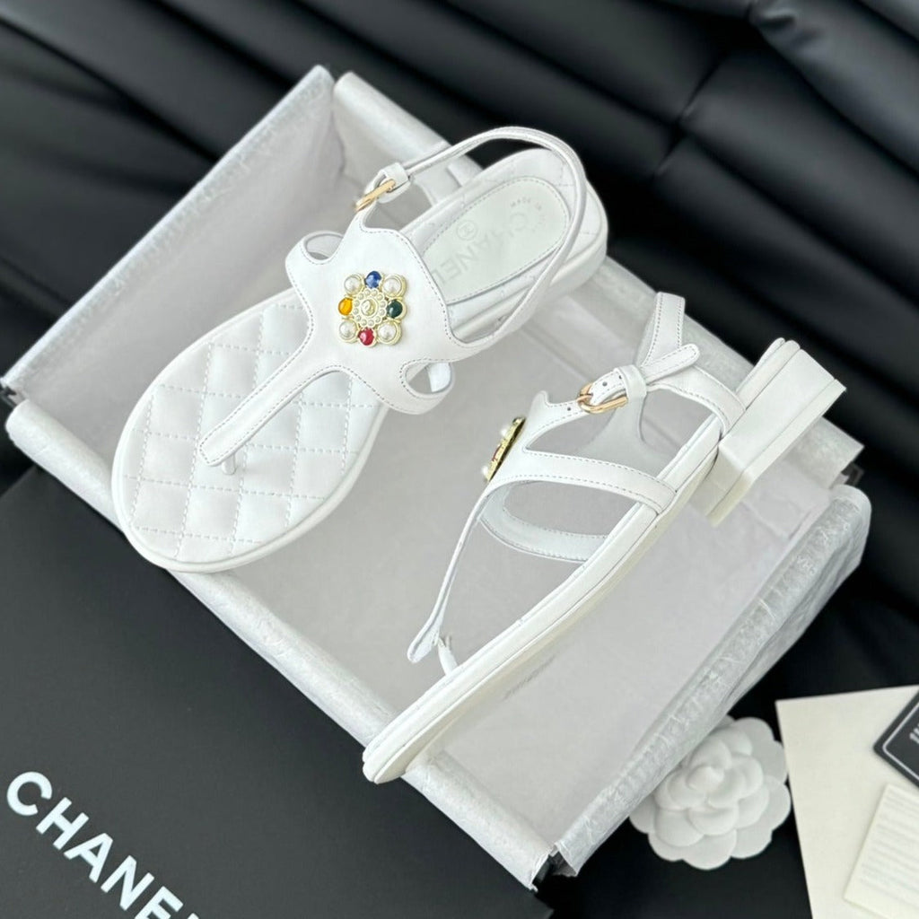 Chanel Double C Classic One-Strap Sandals White Lambskin