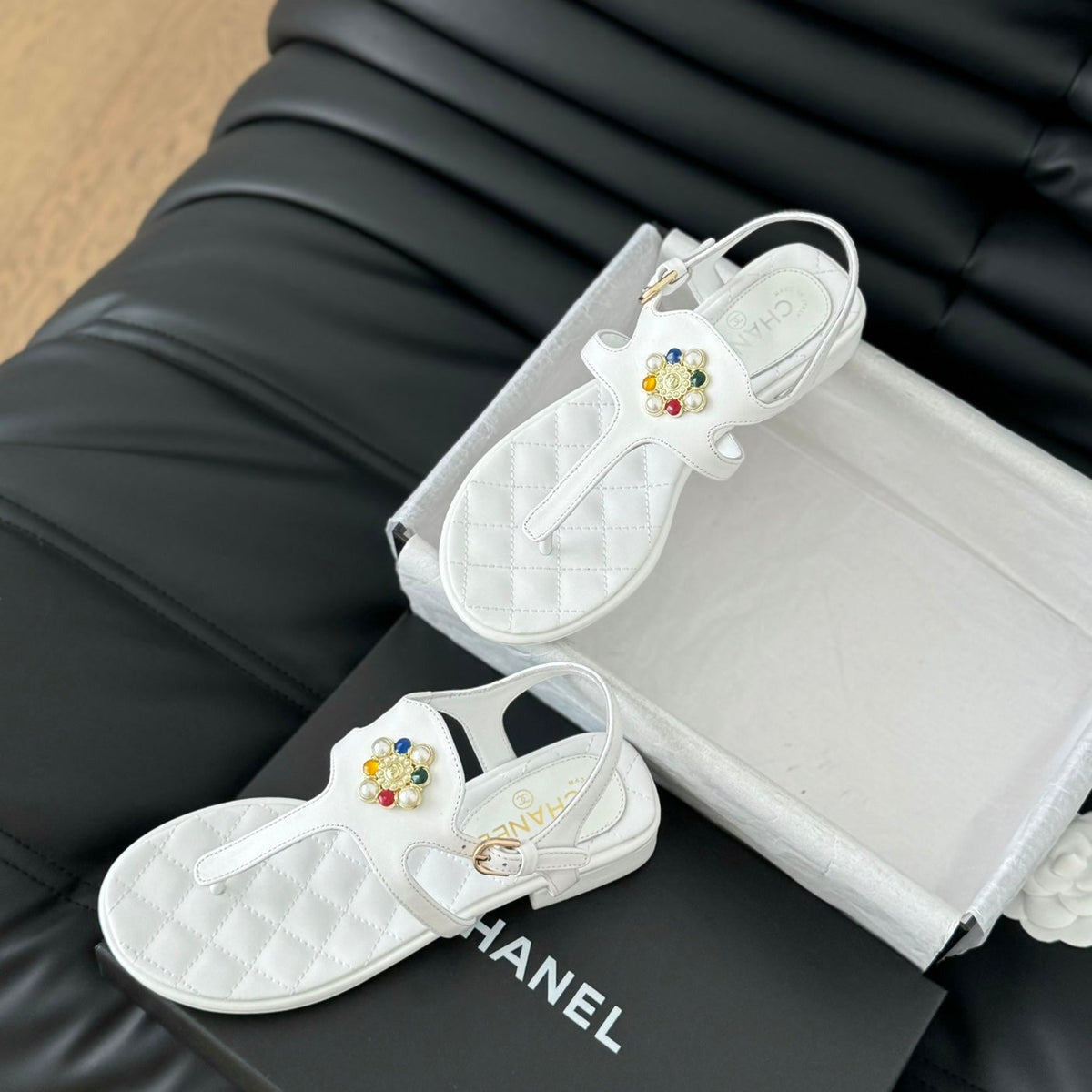 Chanel Double C Classic One-Strap Sandals White Lambskin