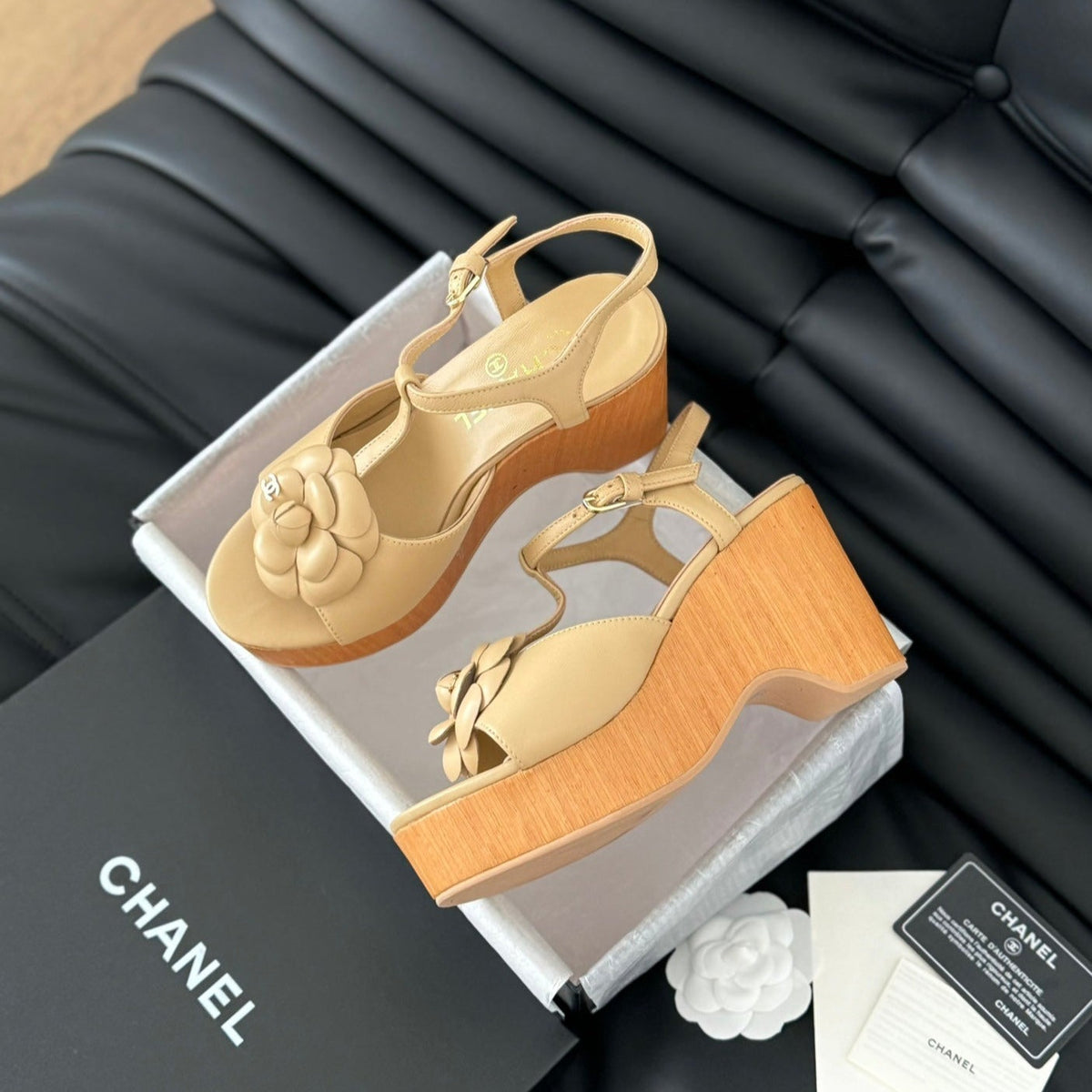 Chanel Double C New Wood Grain Platform Sandal Tan Brown Lambskin