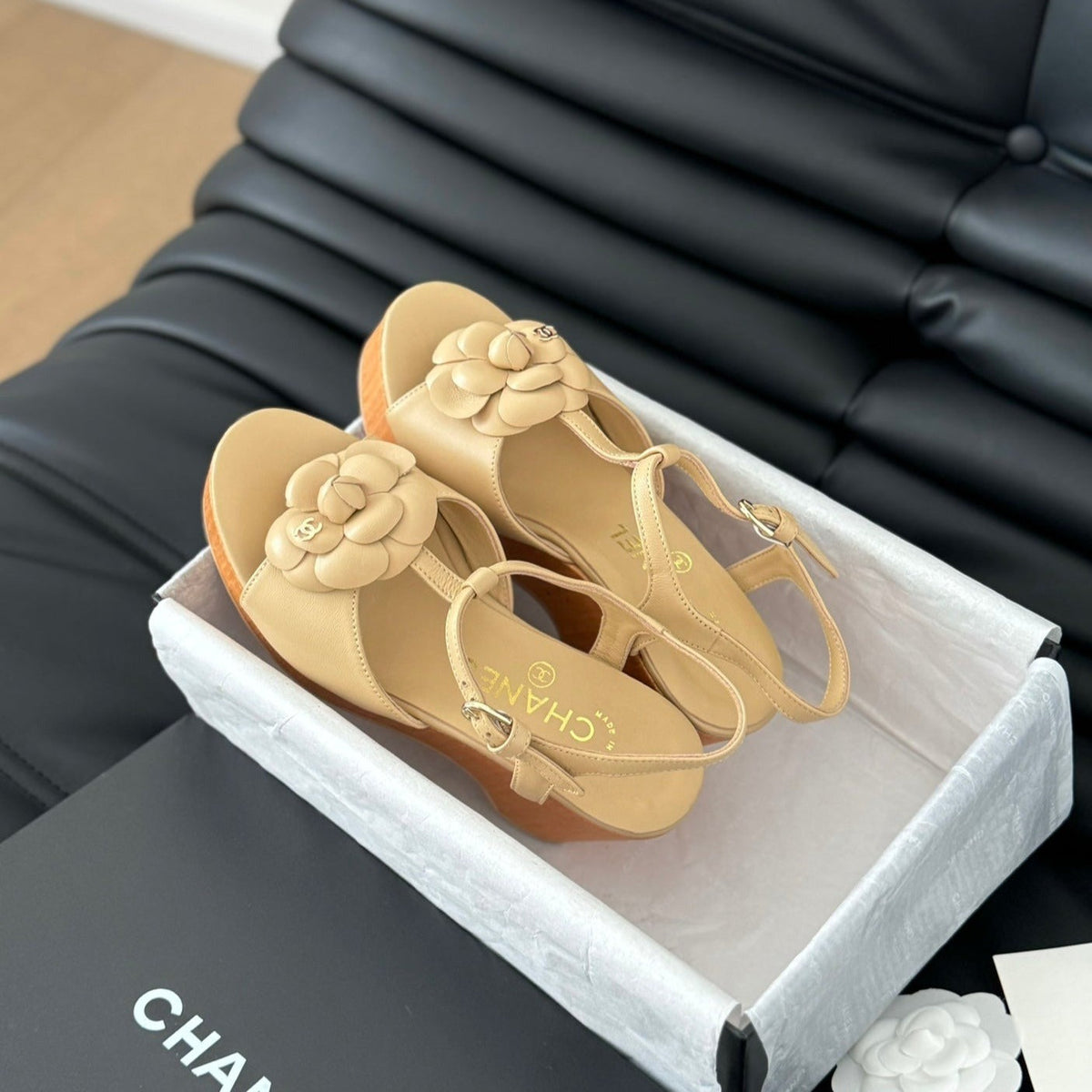Chanel Double C New Wood Grain Platform Sandal Tan Brown Lambskin