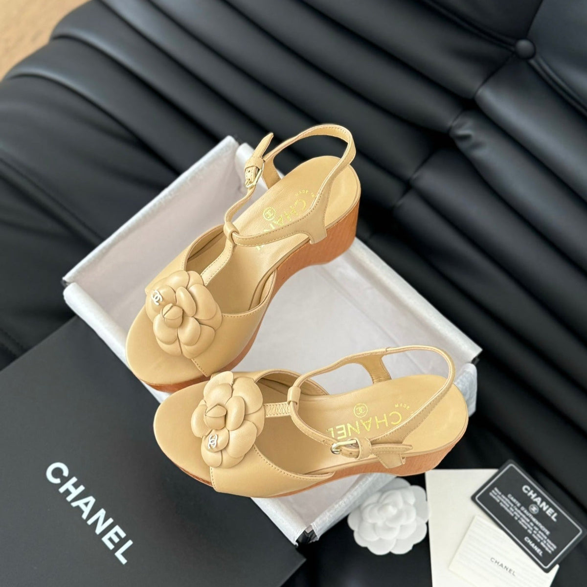 Chanel Double C New Wood Grain Platform Sandal Tan Brown Lambskin