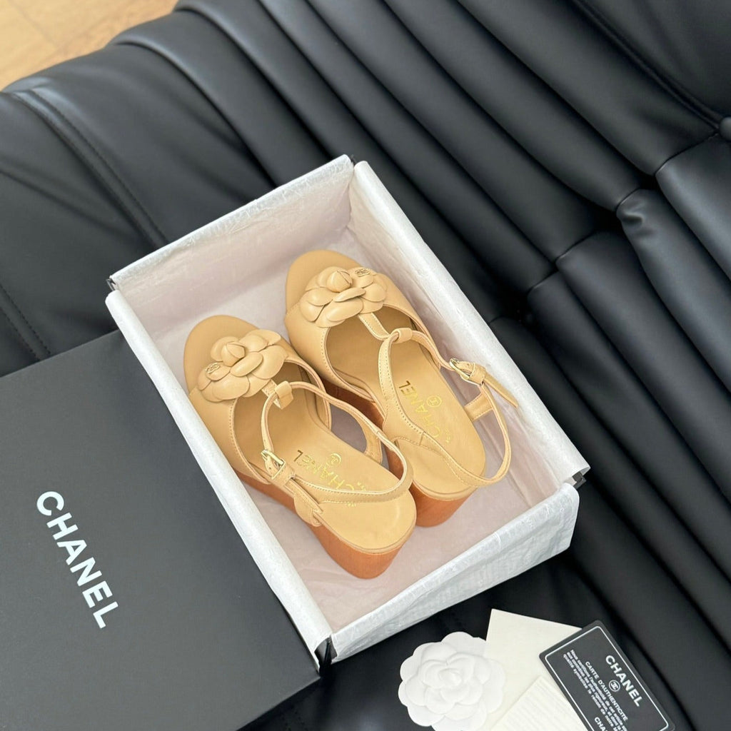 Chanel Double C New Wood Grain Platform Sandal Tan Brown Lambskin