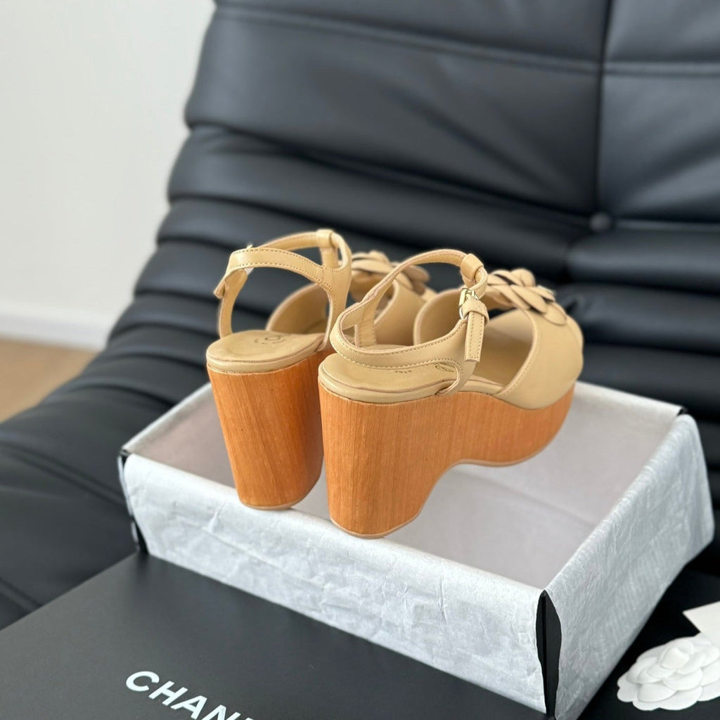 Chanel Double C New Wood Grain Platform Sandal Tan Brown Lambskin