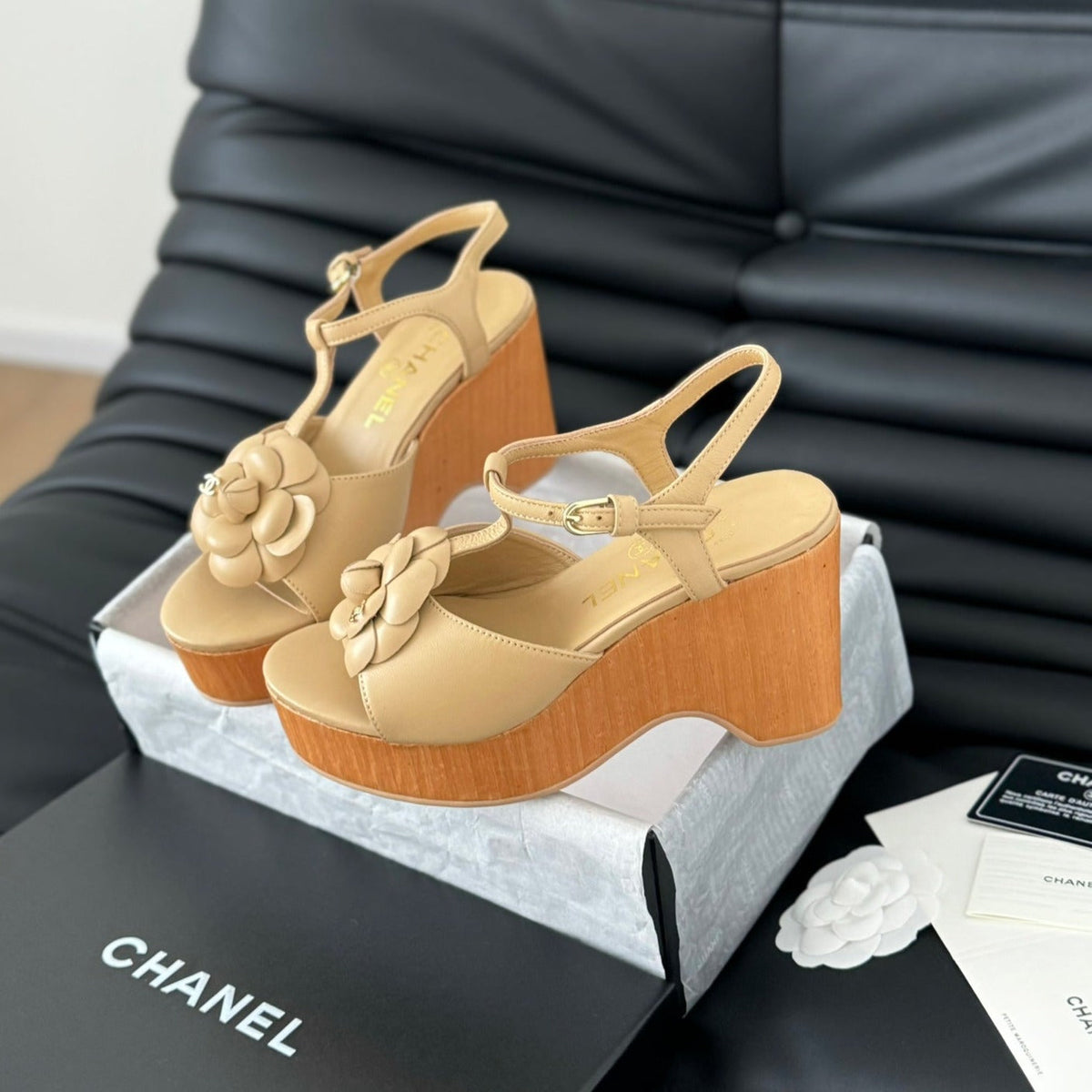 Chanel Double C New Wood Grain Platform Sandal Tan Brown Lambskin