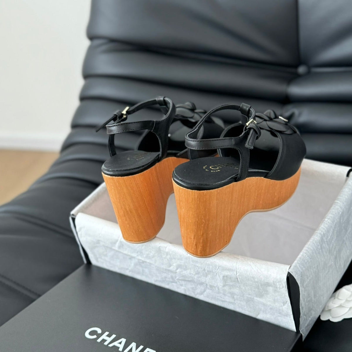 Chanel Double C New Wood Grain Platform Sandal Black Lambskin