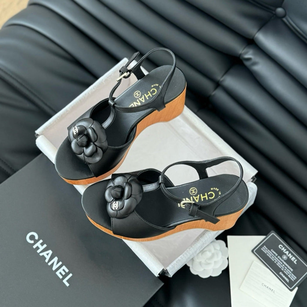 Chanel Double C New Wood Grain Platform Sandal Black Lambskin